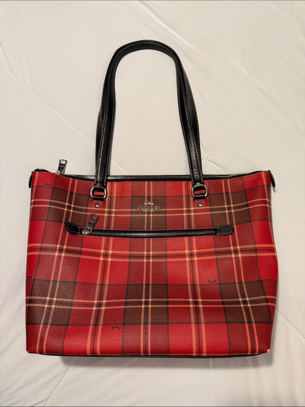 Coach Red Tartan Plaid Tote with Black Handles